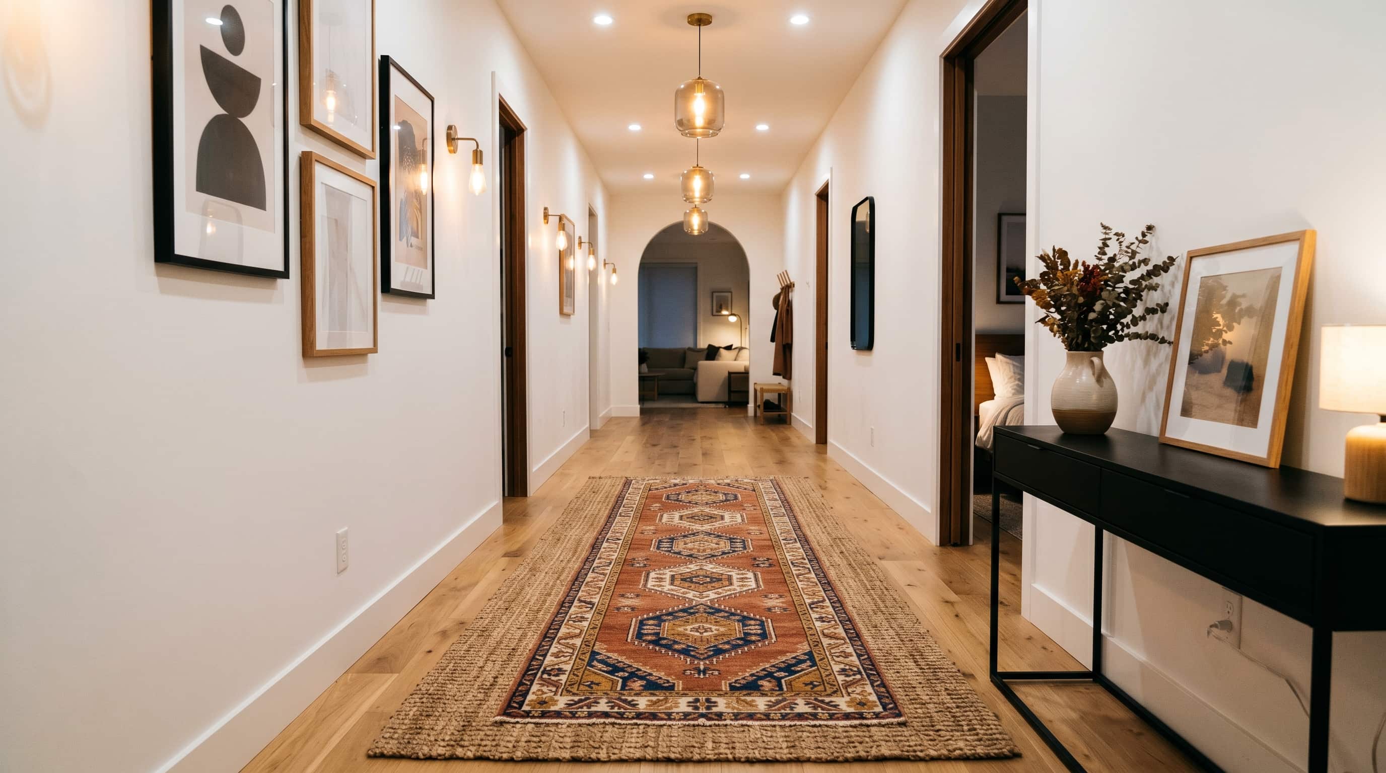 Functional hallway decor ideas featuring a narrow console table styled with greenery, decor accents, and a round mirror.