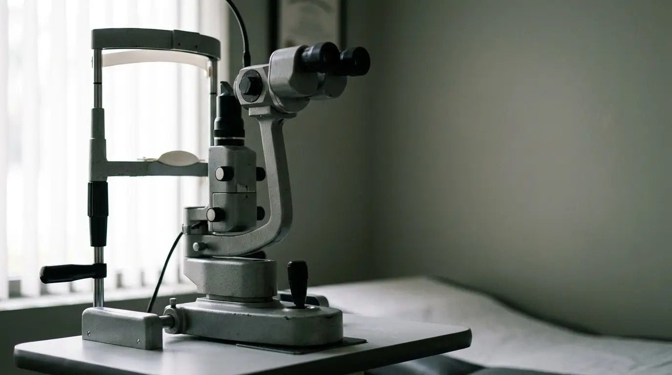 Ophthalmic slit lamp in dimly lit examination room with patient bed nearby