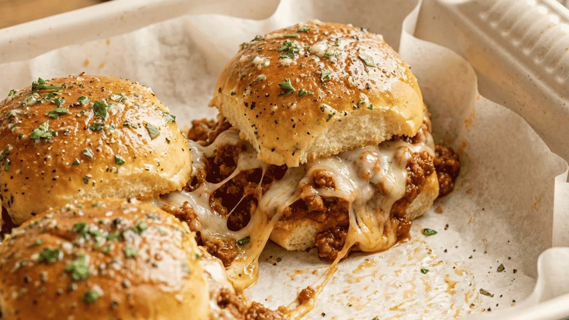 Cheesy sloppy joe sliders with soft toasted buns and rich savory beef filling.