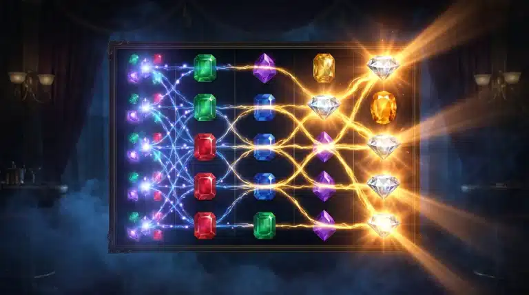 Colorful gems and crystals connected by glowing neon lines on dark, mystical background