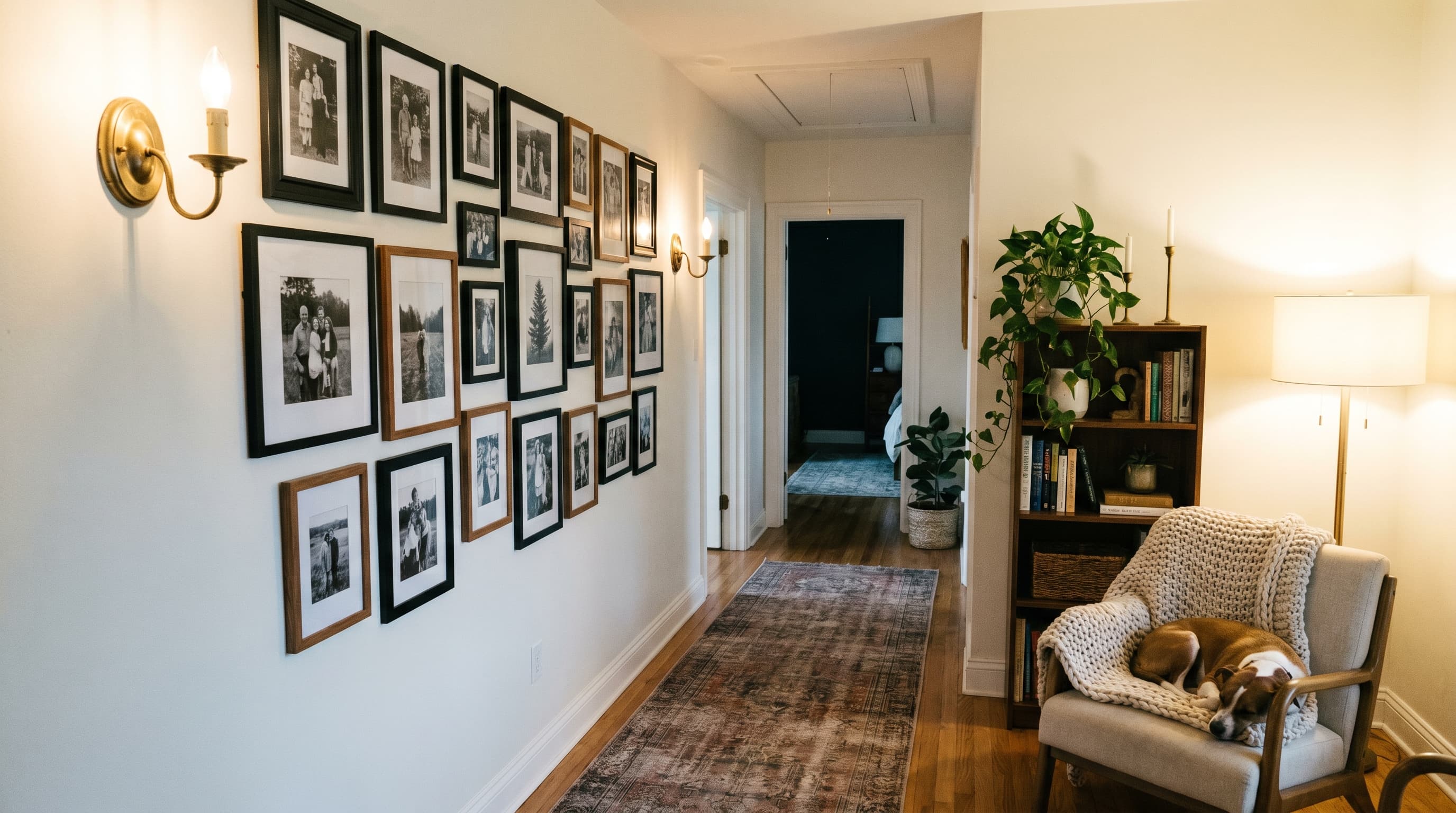 Comfortable hallway decor ideas creating a reading nook with built-in seating, shelving, and soft lighting.