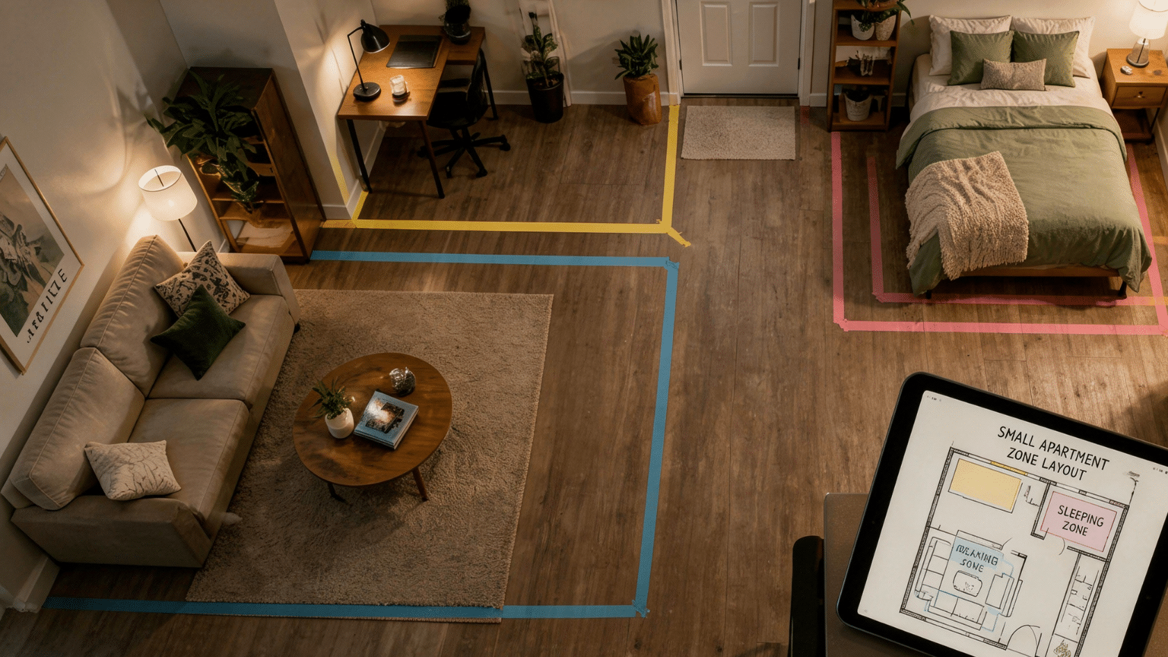 Small apartment floor with sleeping, working, and relaxing zones marked using tape, paper, and a tablet layout.