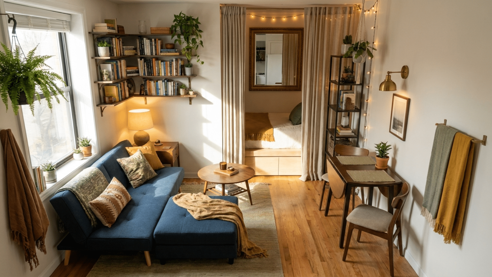 Small apartment showing living, dining, and sleeping zones, multifunctional furniture, layered lighting, mirrors, bold accents, textiles, and plants.