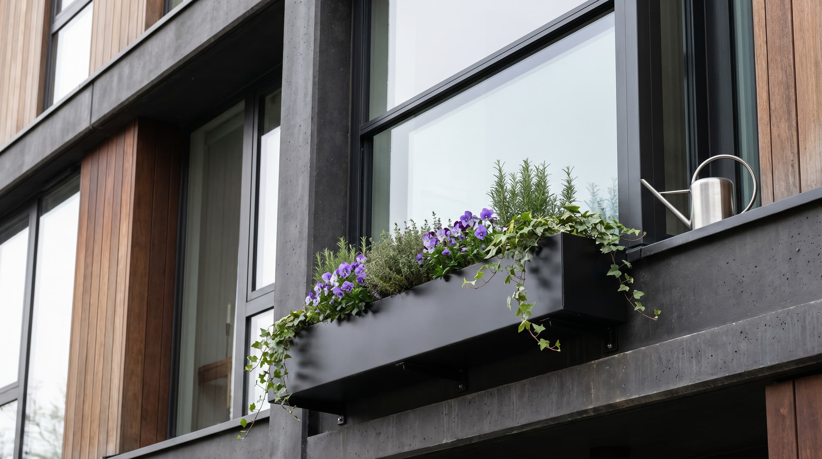Compact small apartment window box with bright orange, purple, and yellow flowers.