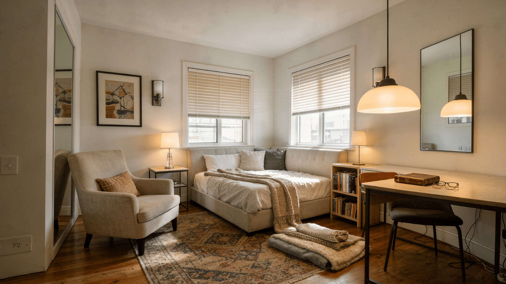 Small apartment with natural sunlight streaming through windows, enhanced by layered lighting from a pendant light, table lamps, and mirrors.