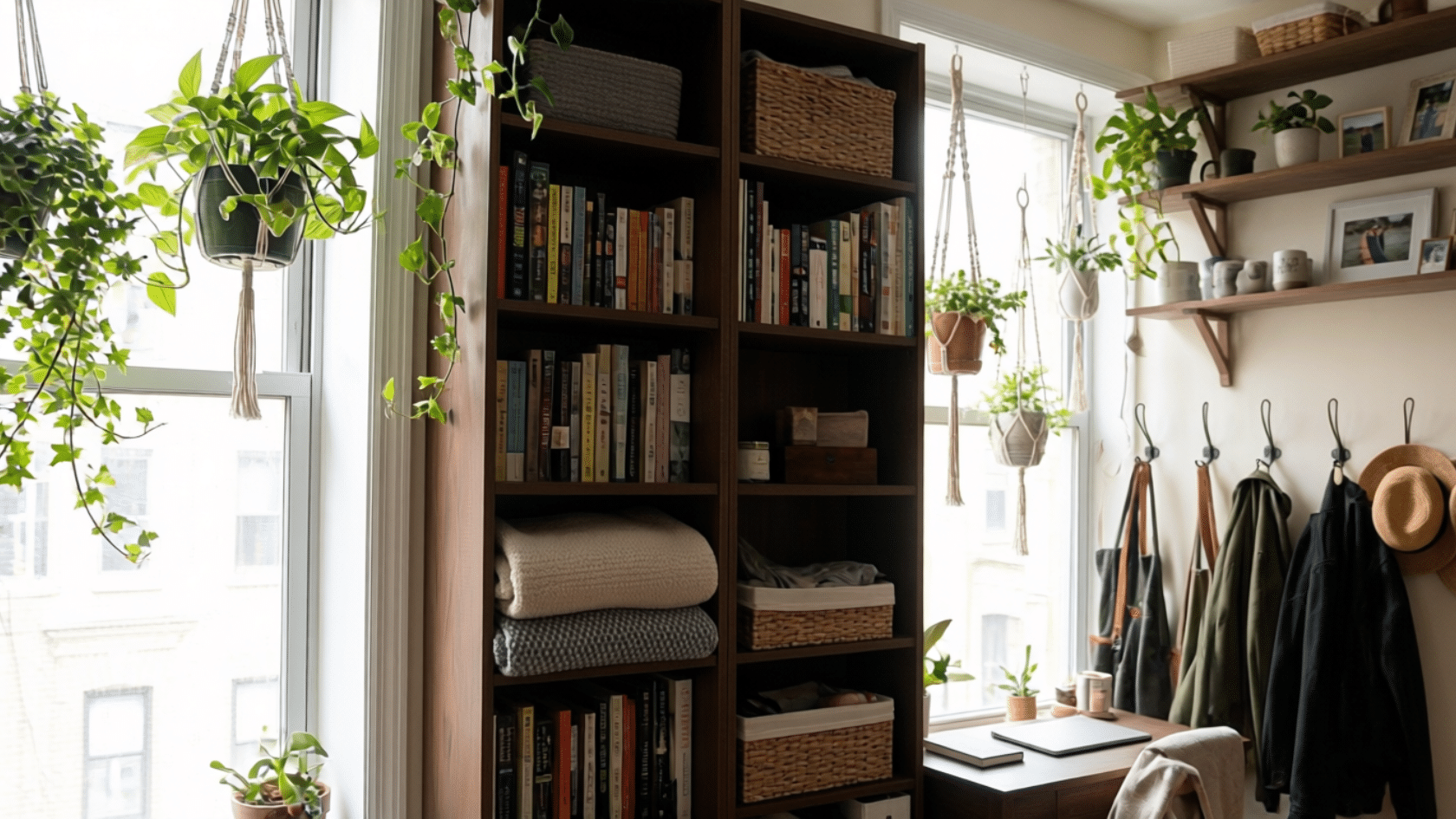 Tall shelves, wall-mounted hooks, and hanging plants arranged naturally, creating cozy vertical storage and decor.