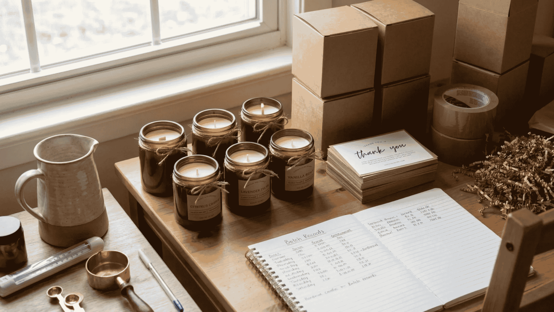 Handmade candles prepared for sale with labels and packaging