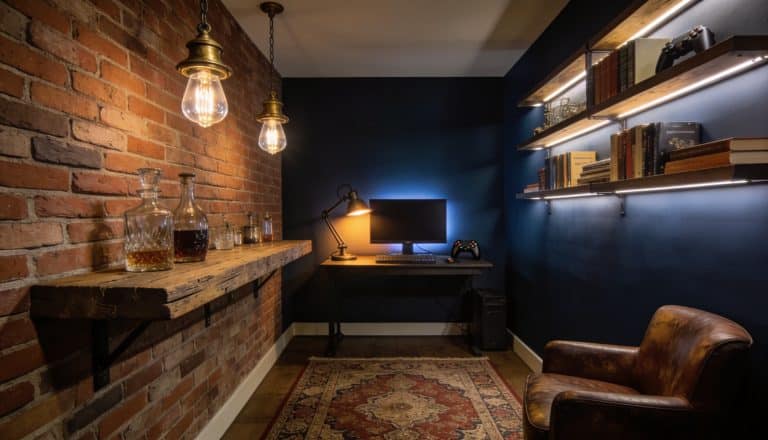 Moody industrial home office with exposed brick wall, leather chair, floating shelves, and warm lighting.
