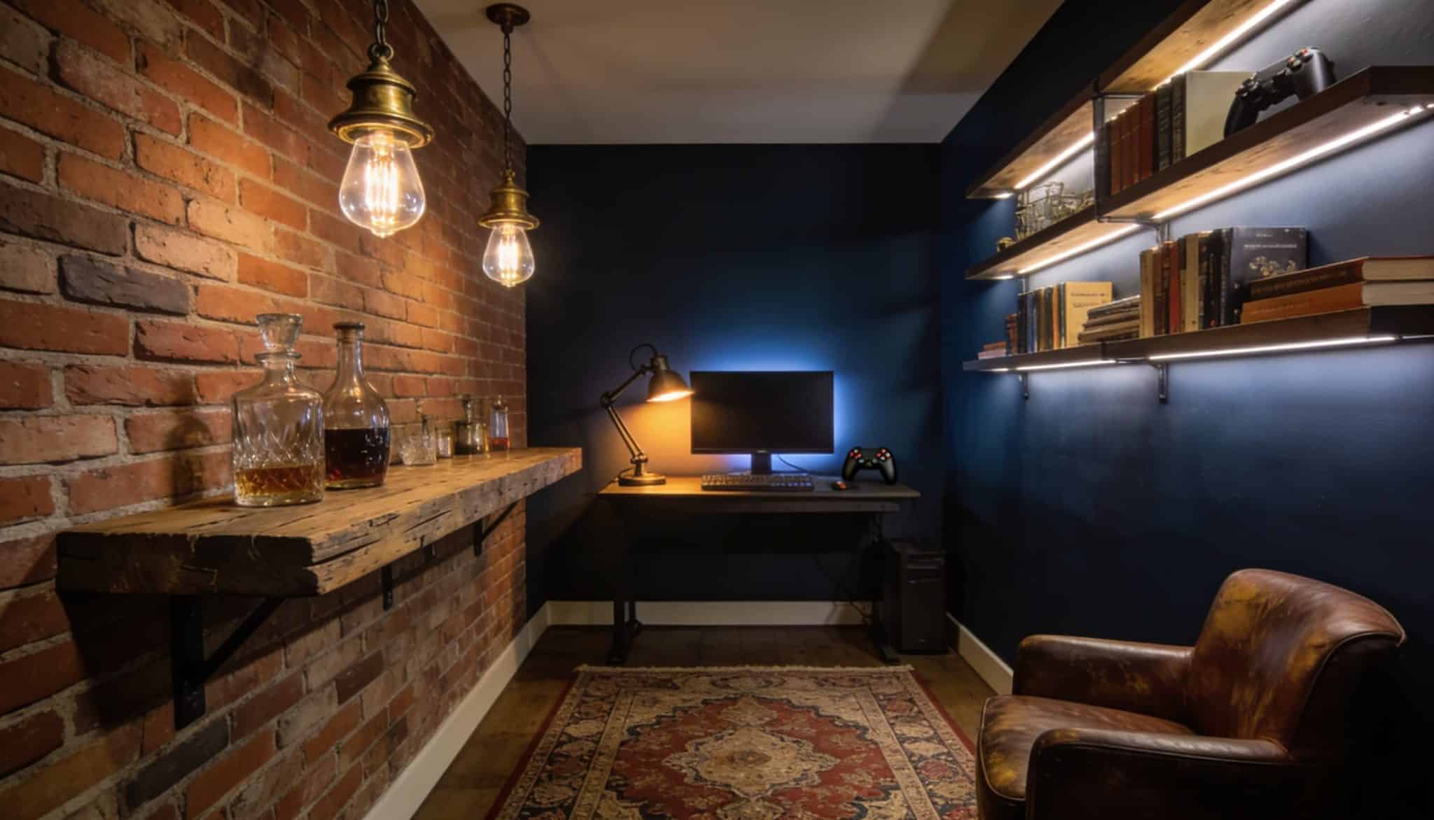 Moody industrial home office with exposed brick wall, leather chair, floating shelves, and warm lighting.