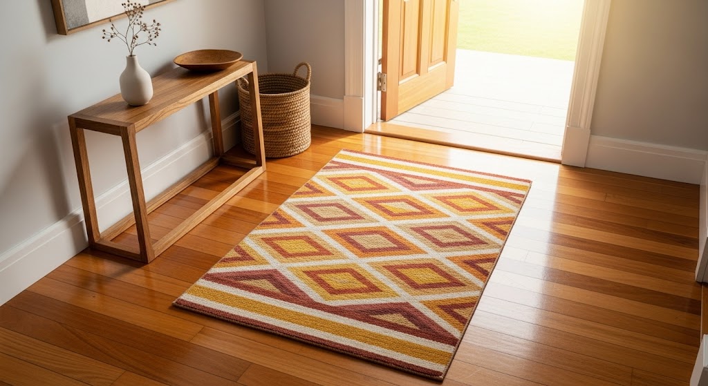 A small geometric pattern area rug in an entryway next to a wooden console table.