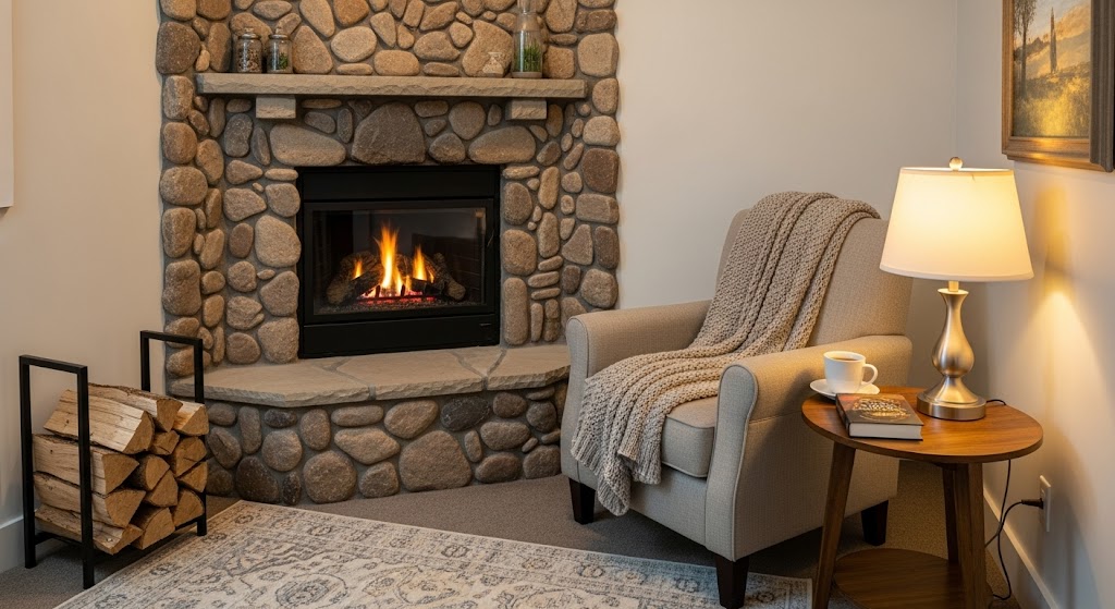 A compact corner rock fireplace with a burning fire, next to an armchair, reading lamp, and a small log holder.