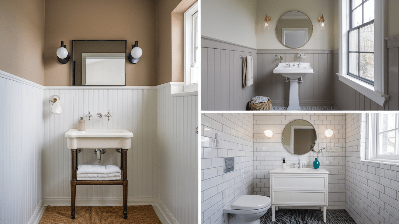 A collage of three compact bathrooms demonstrating space-saving wainscoting, tile, and vanity configurations.