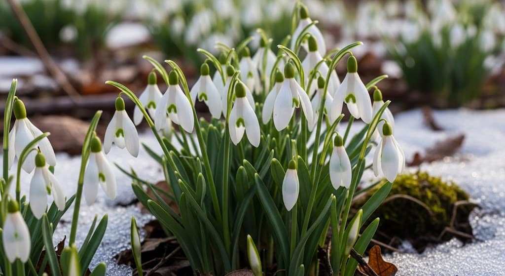 A cluster of white snowdrop flowers blooming out of a patch of soil surrounded by melting snow in winter.