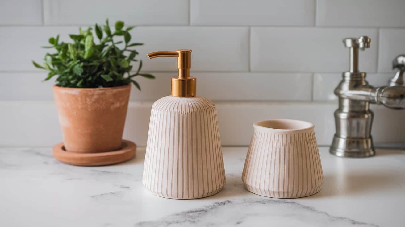A textured cream ceramic soap dispenser with a gold pump and a matching small cup on a white tiled countertop next to a potted plant.