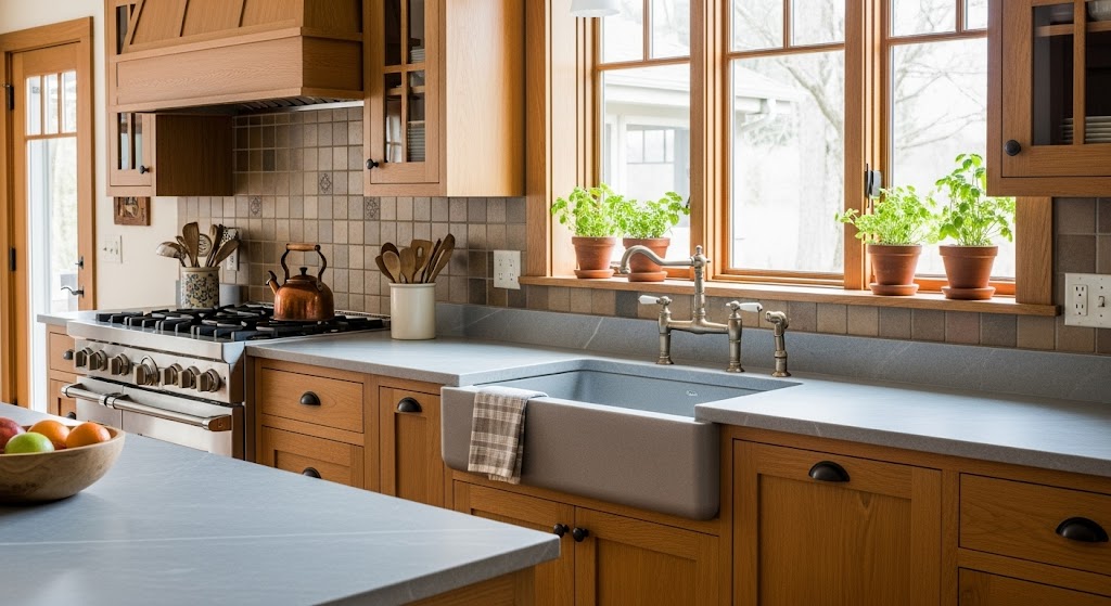 Craftsman kitchen with open wood shelves on carved brackets, a window, and green subway tile backsplash.