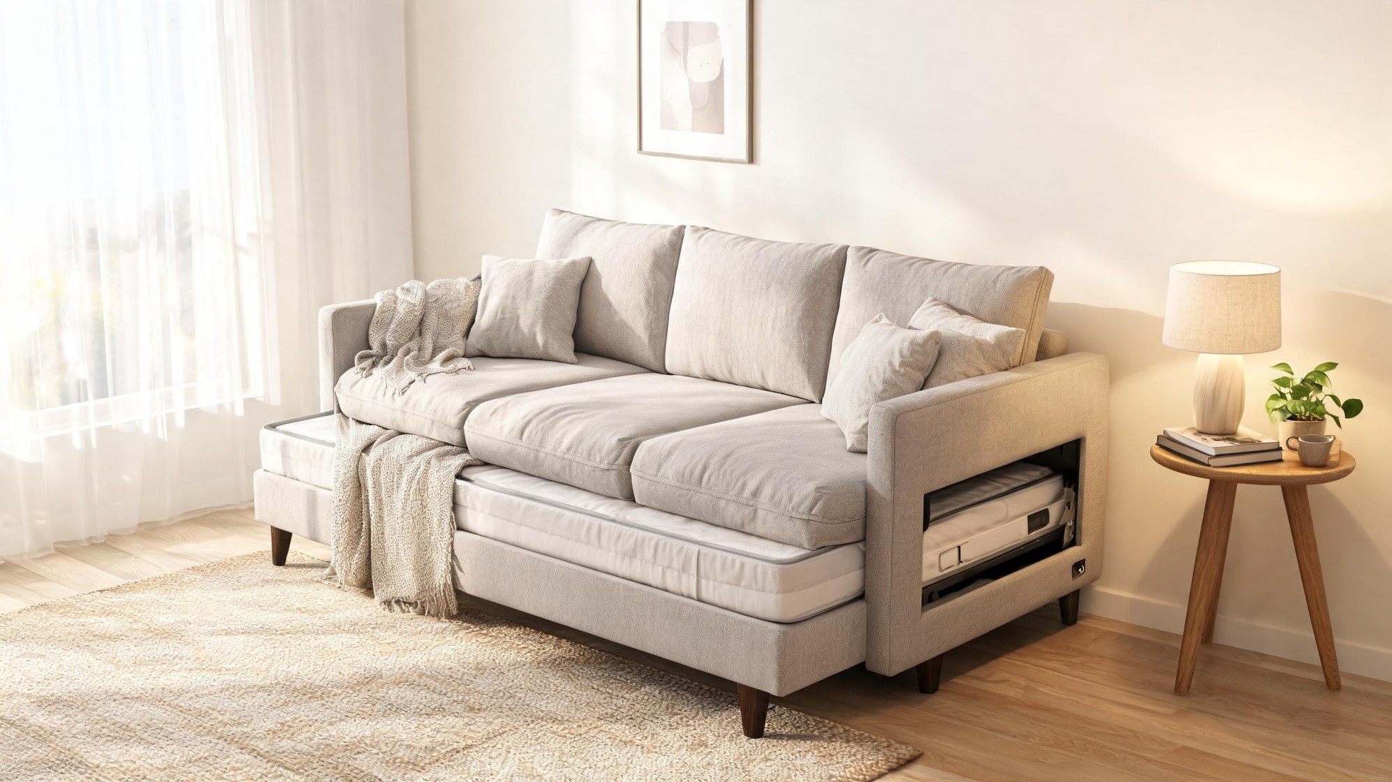 Sleeper sofa in compact modern studio apartment with minimal decor and soft natural light.