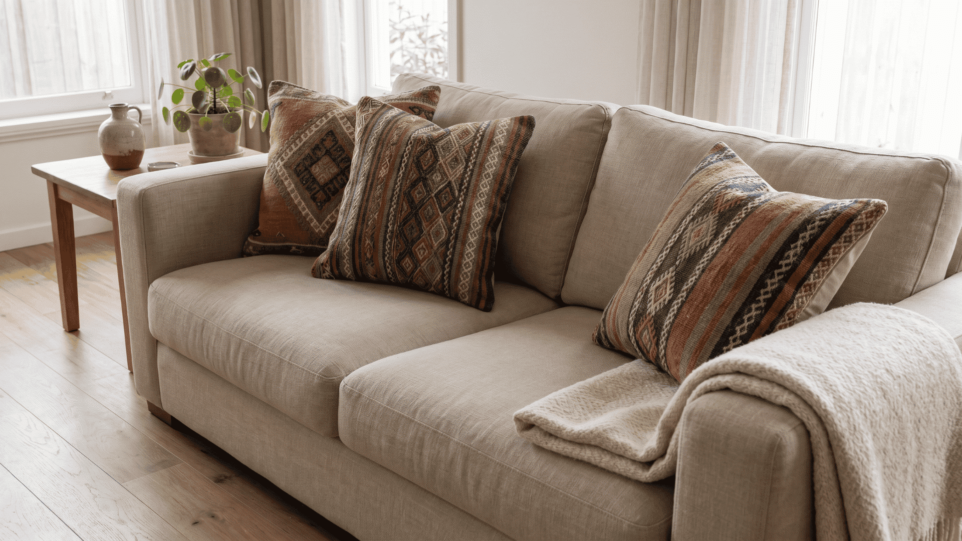 Sofa with multiple Kilim pillows showing geometric patterns and textured fabrics