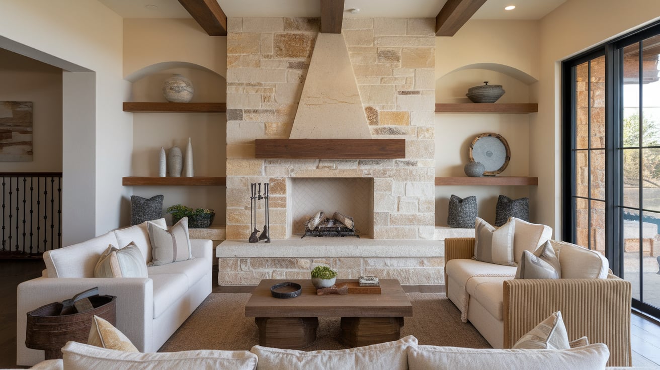 Southwestern living room with a warm beige sandstone fireplace, wooden mantel, and built-in arched alcoves.