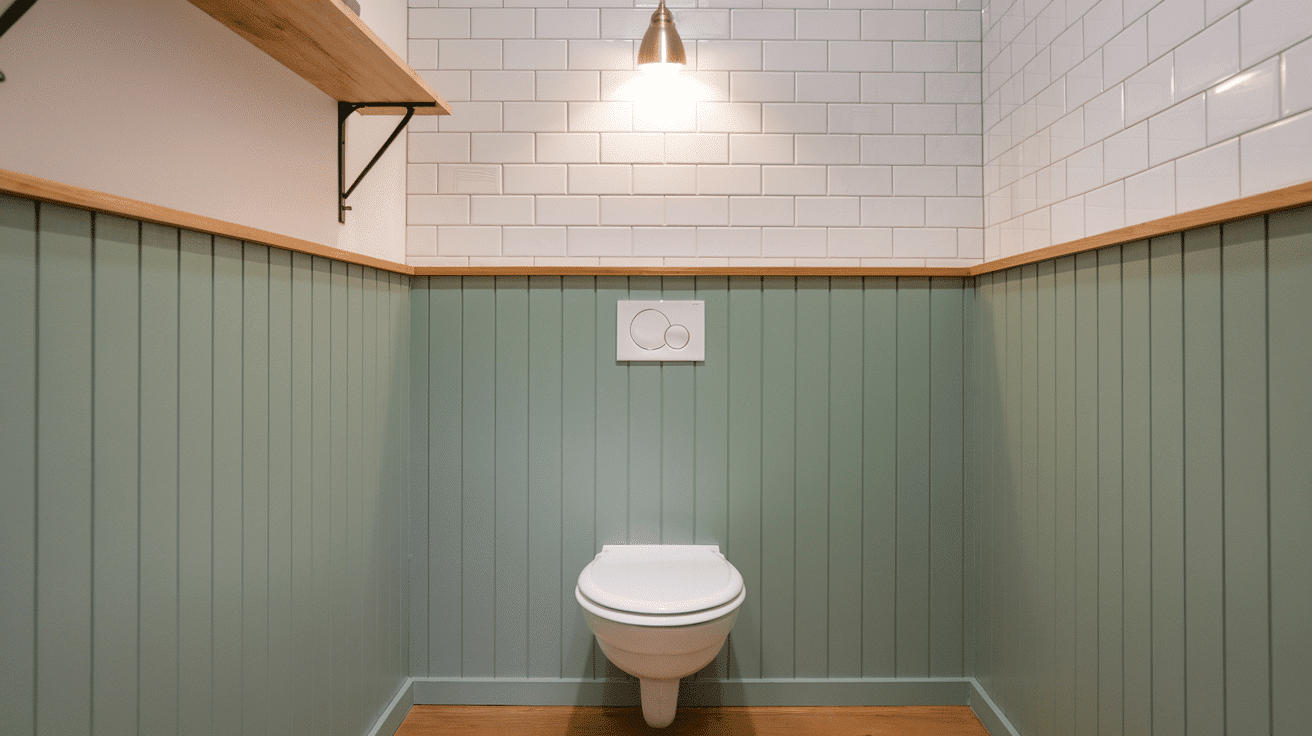 A minimalist bathroom featuring muted sage green vertical beadboard wainscoting below white subway tiles and a modern wall-mounted toilet.