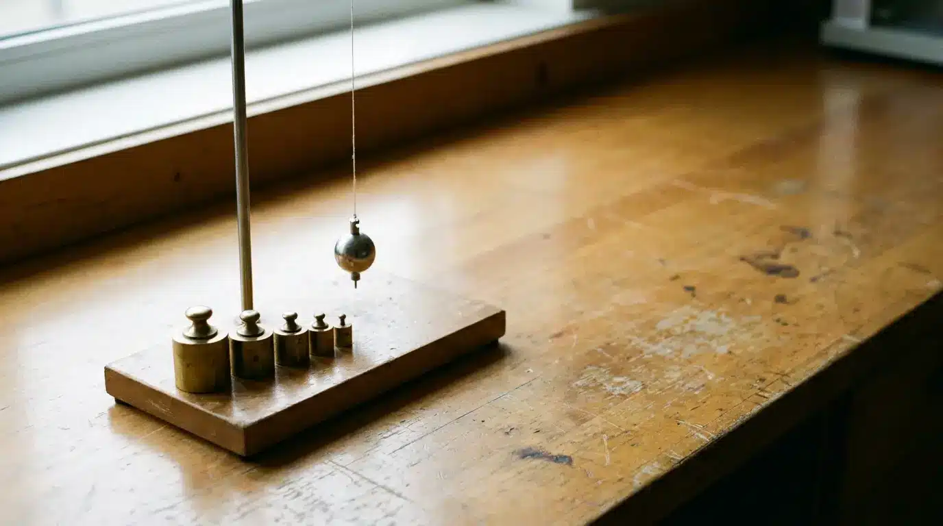 Weights and pendulum on wooden desk near window in natural light