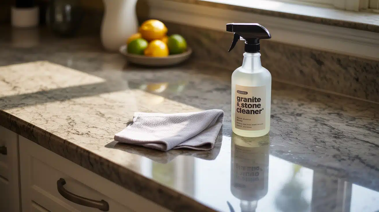Granite-safe cleaner spray bottle and microfiber cloth placed on a polished kitchen granite countertop.