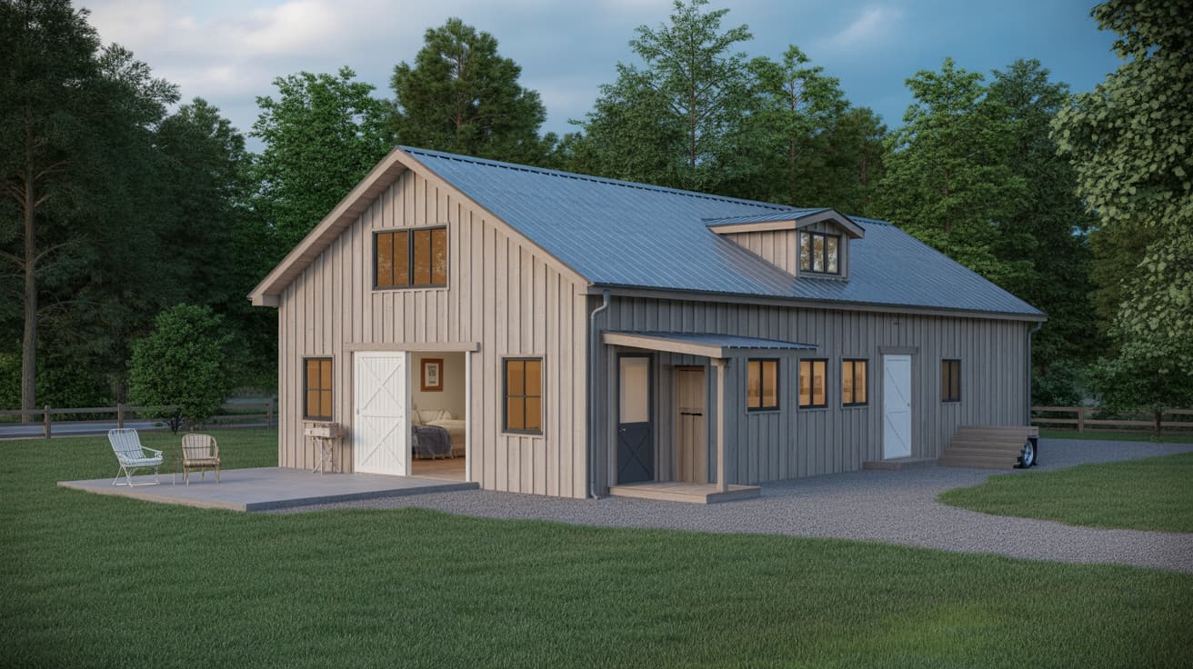 A single-story barndominium with light wood-paneled siding, a dark blue metal roof, a small dormer window, and a concrete patio walkway.