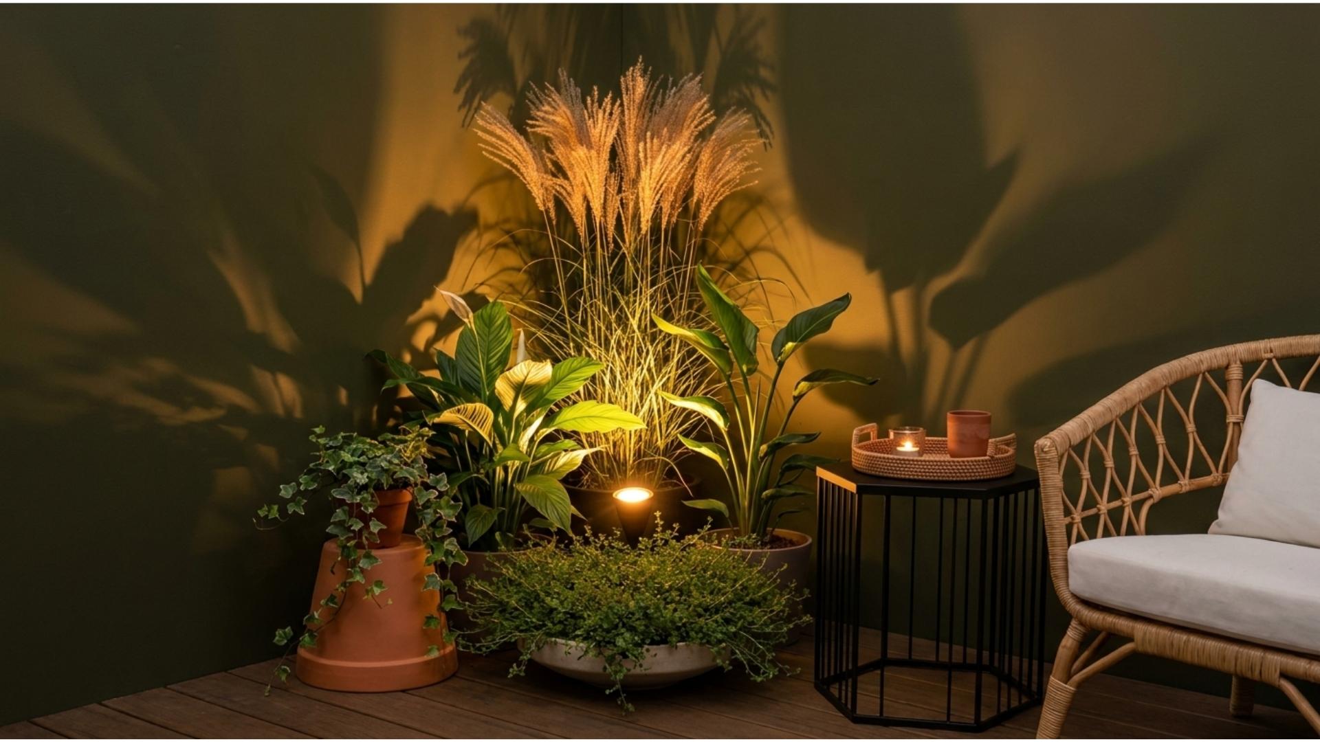 Deck corner at night with a solar spotlight inside a grouped plant cluster projecting layered botanical shadows on the wall behind