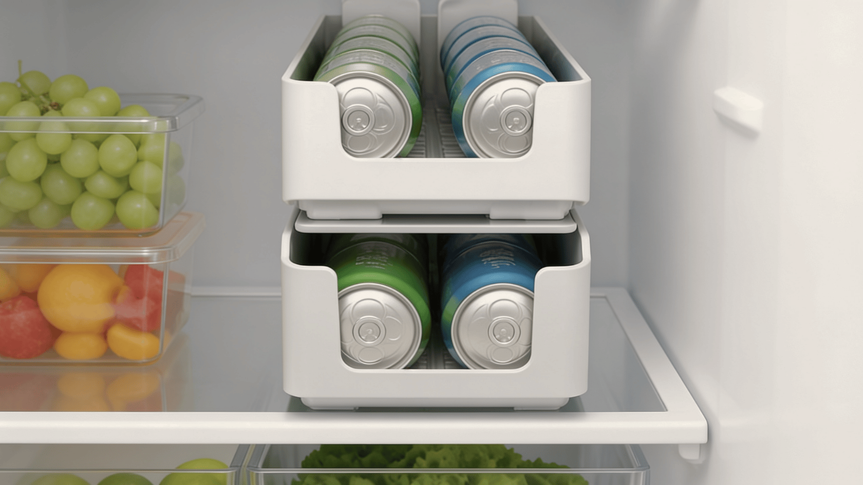 Stackable fridge organizers holding cans with fruits stored beside them