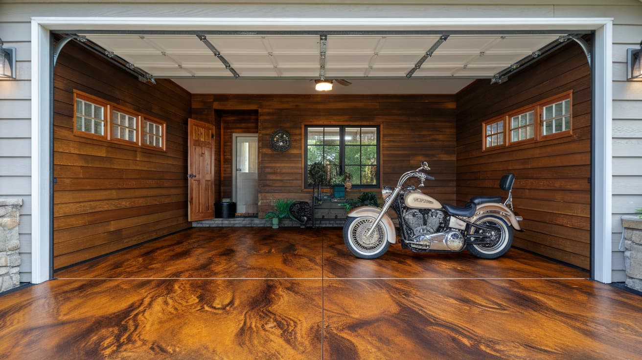 A motorcycle parked inside a rustic garage with warm, wood-paneled walls and a glossy, dark brown stained concrete floor.