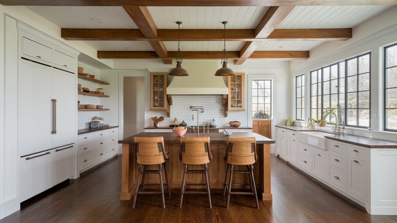 Craftsman kitchen with white cabinets, a central wood island, and stained wood ceiling beams.