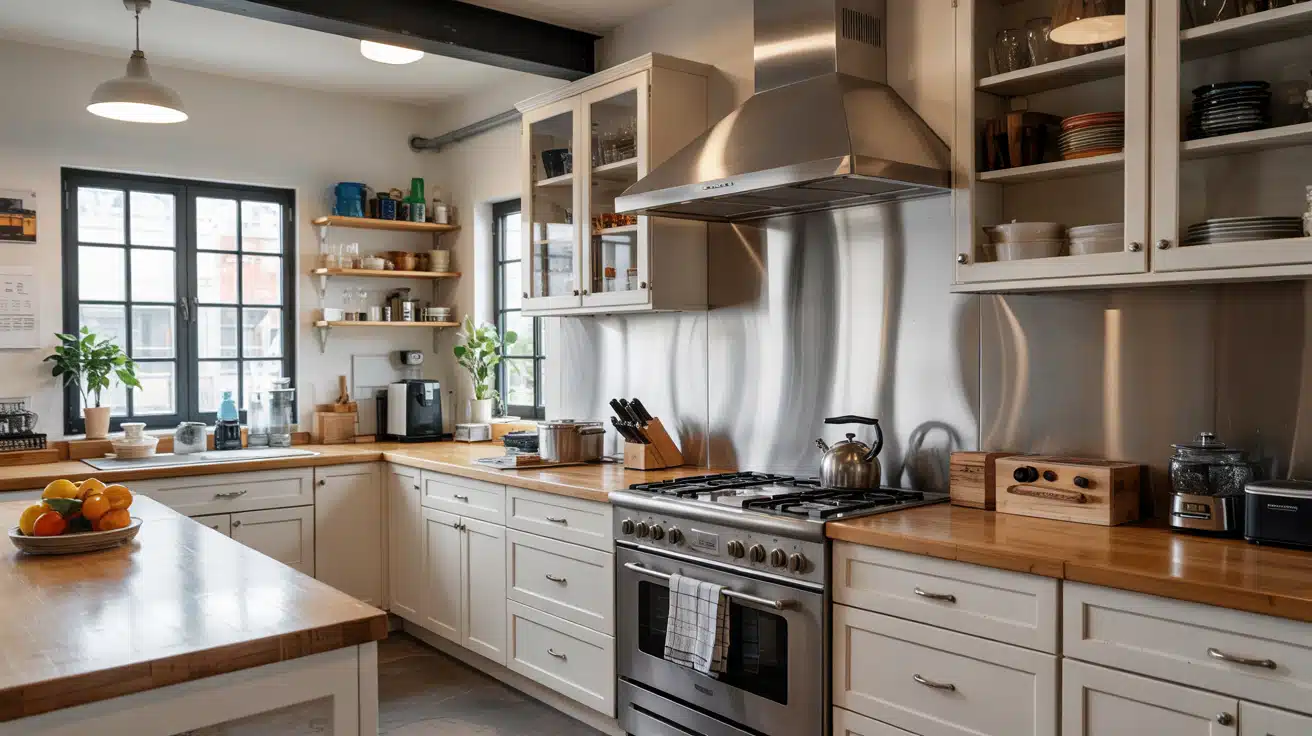 A sleek, industrial-style kitchen backsplash made from a continuous sheet of brushed stainless steel behind a cooktop.