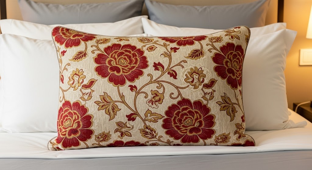 A standard bed sham featuring a red and beige floral pattern placed in front of white pillows on a styled bed.