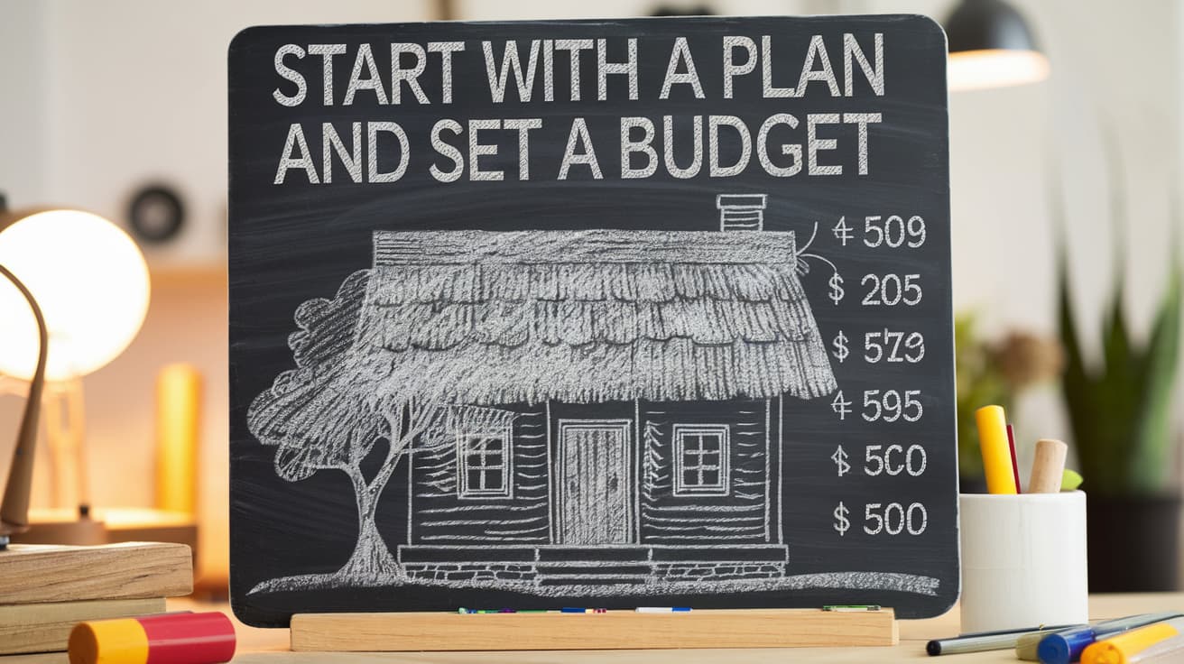 A chalkboard with a sketch of a house and the text