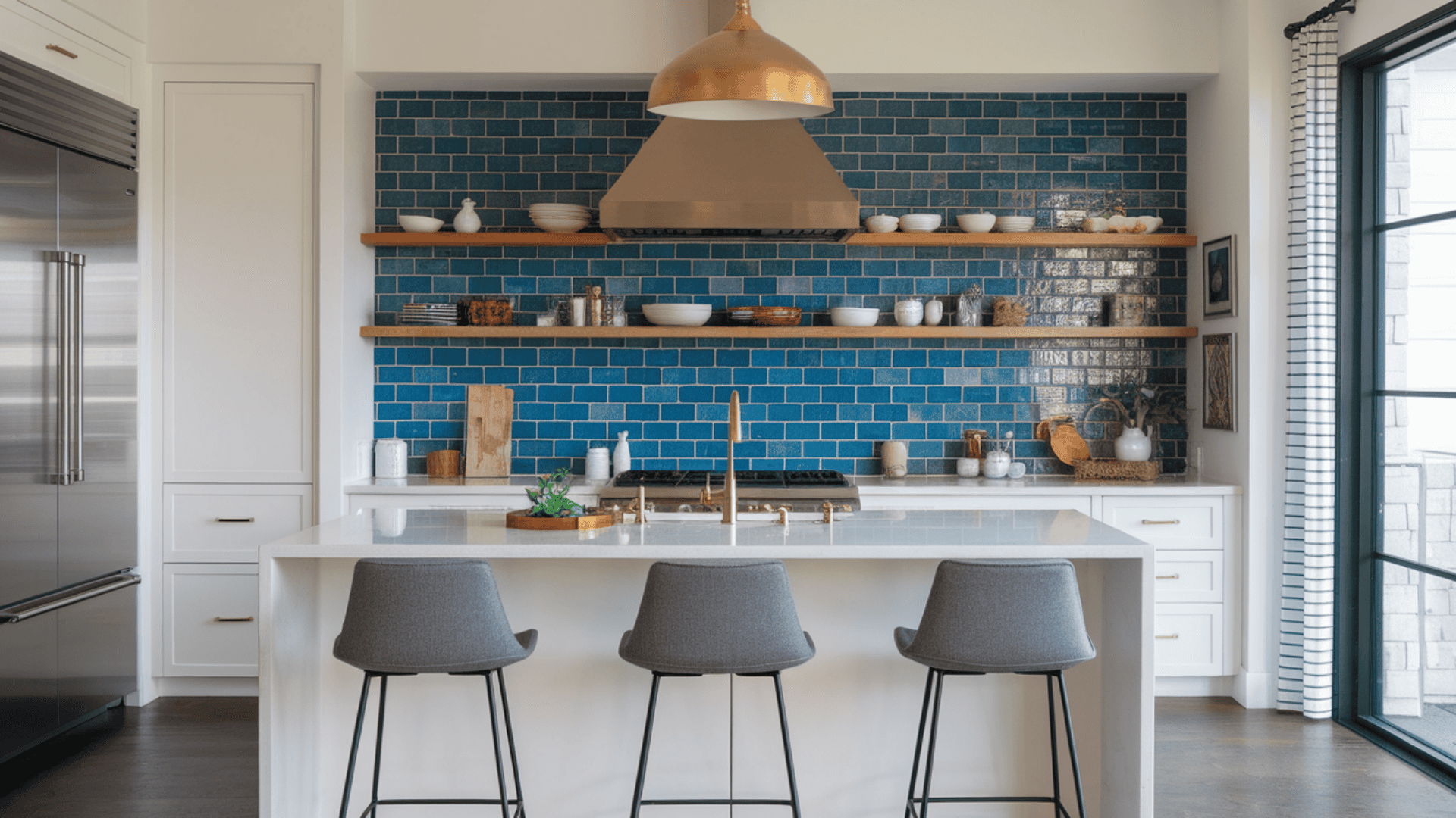 A sleek one-wall kitchen featuring an island with three grey counter stools and a vibrant blue subway tile backsplash acting as a focal point.