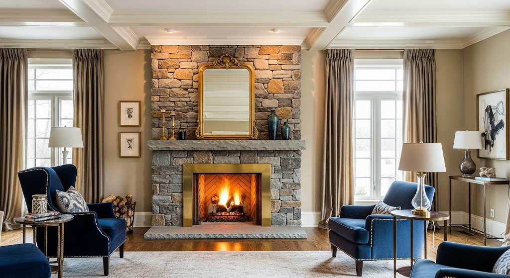 Luxury living room featuring a stone fireplace with shiny brass trim, a gold mirror above, and blue velvet armchairs.