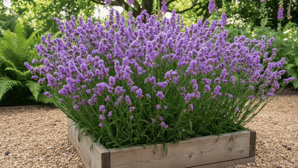 A large, bushy mound of purple lavender flowers growing in a rustic rectangular wooden planter box on gravel.