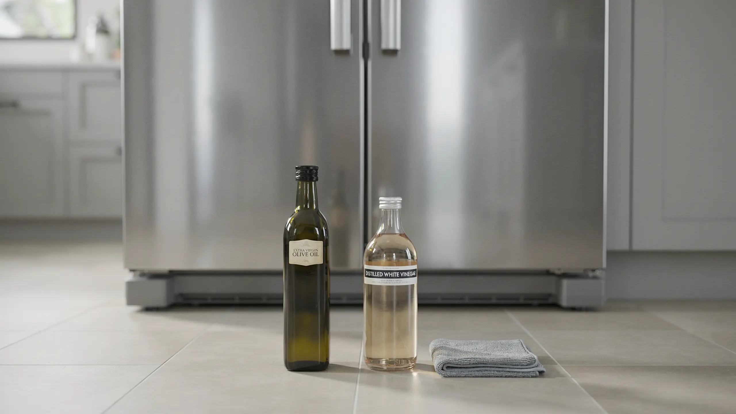 Olive oil and vinegar used as polish on a stainless steel fridge creating streak-free shine.