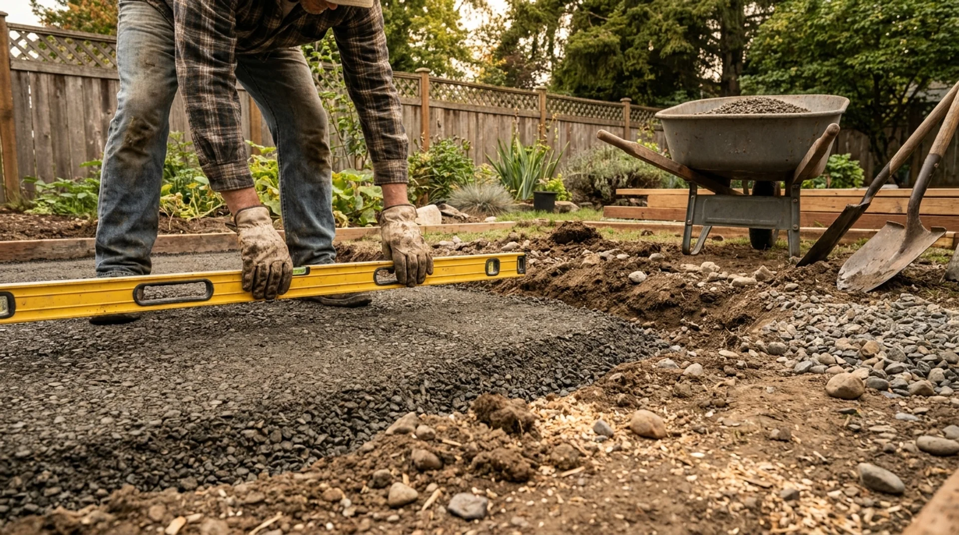 DIY builder leveling a gravel base for an outdoor backyard sauna foundation.
