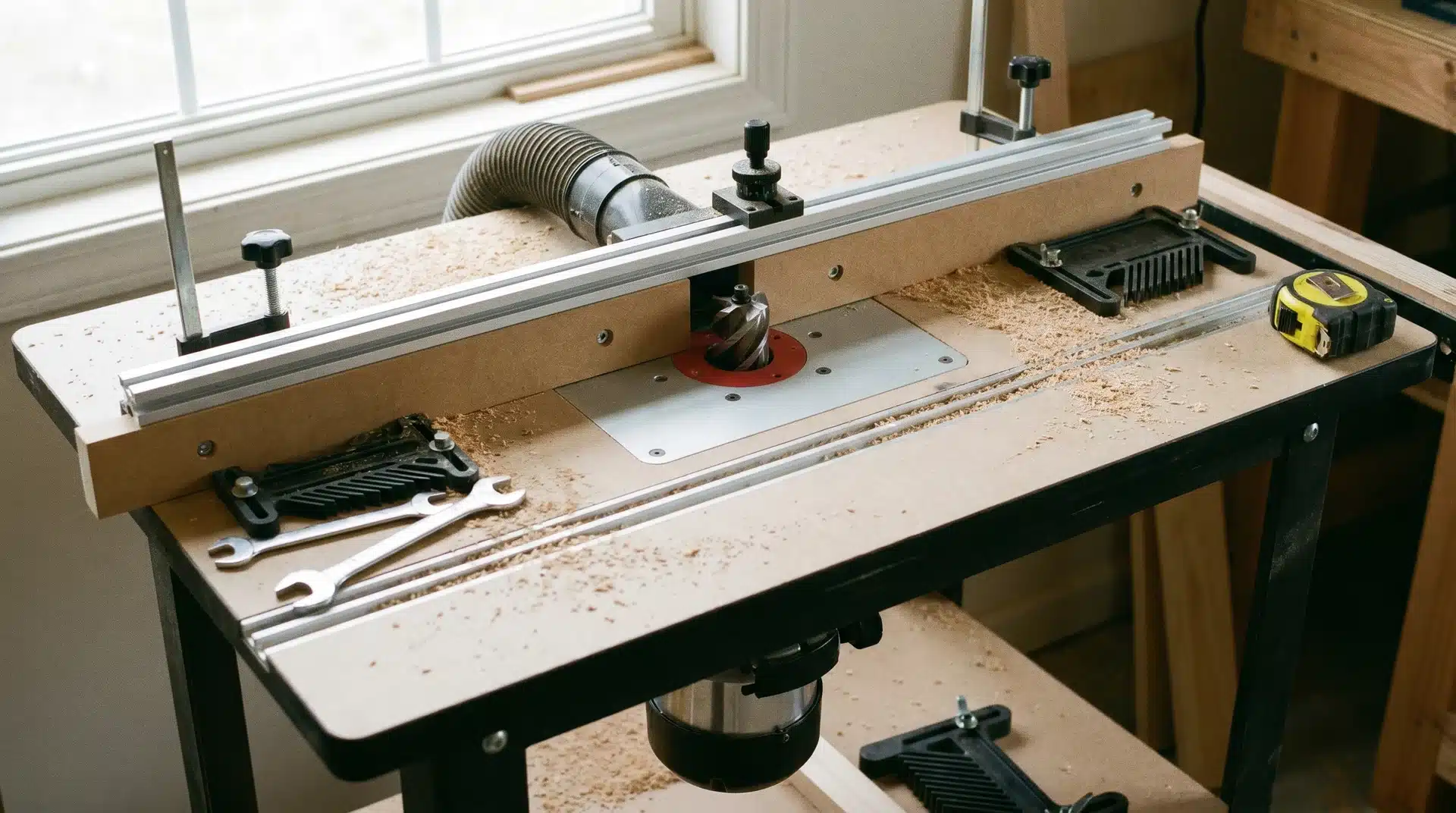 Router table setup viewed from above showing flat tabletop surface adjustable fence and router bit through center opening in natural workshop light.