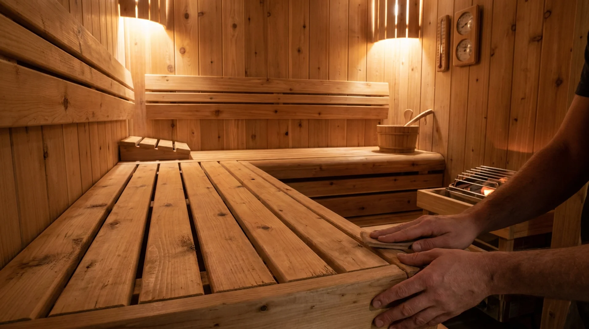 Finished cedar sauna interior with handcrafted benches, soft lighting, and smooth wood details.