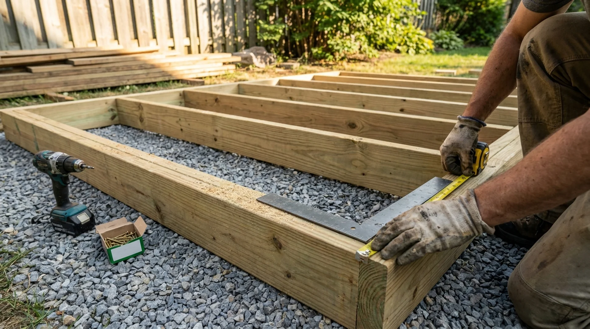 DIY builder measuring and assembling a pressure-treated sauna floor frame on a gravel base.