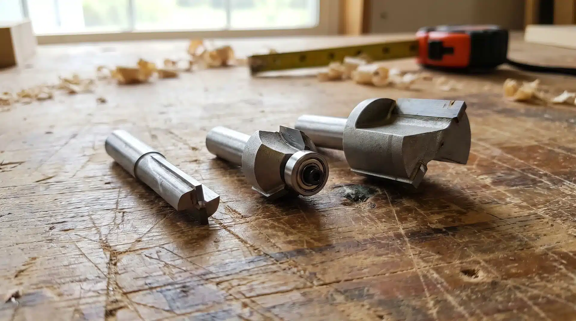 Three router bits laid out on a workbench showing straight roundover and rabbeting bit types in natural workshop light.