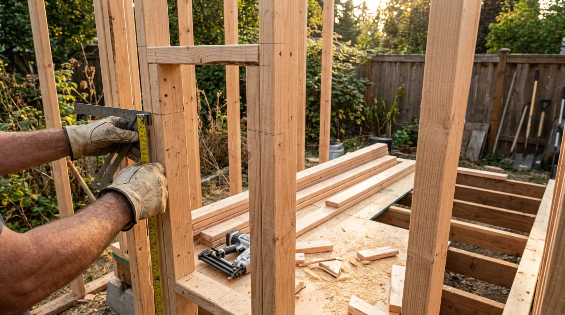 DIY builder measuring and framing sauna walls with a marked doorway opening outdoors.