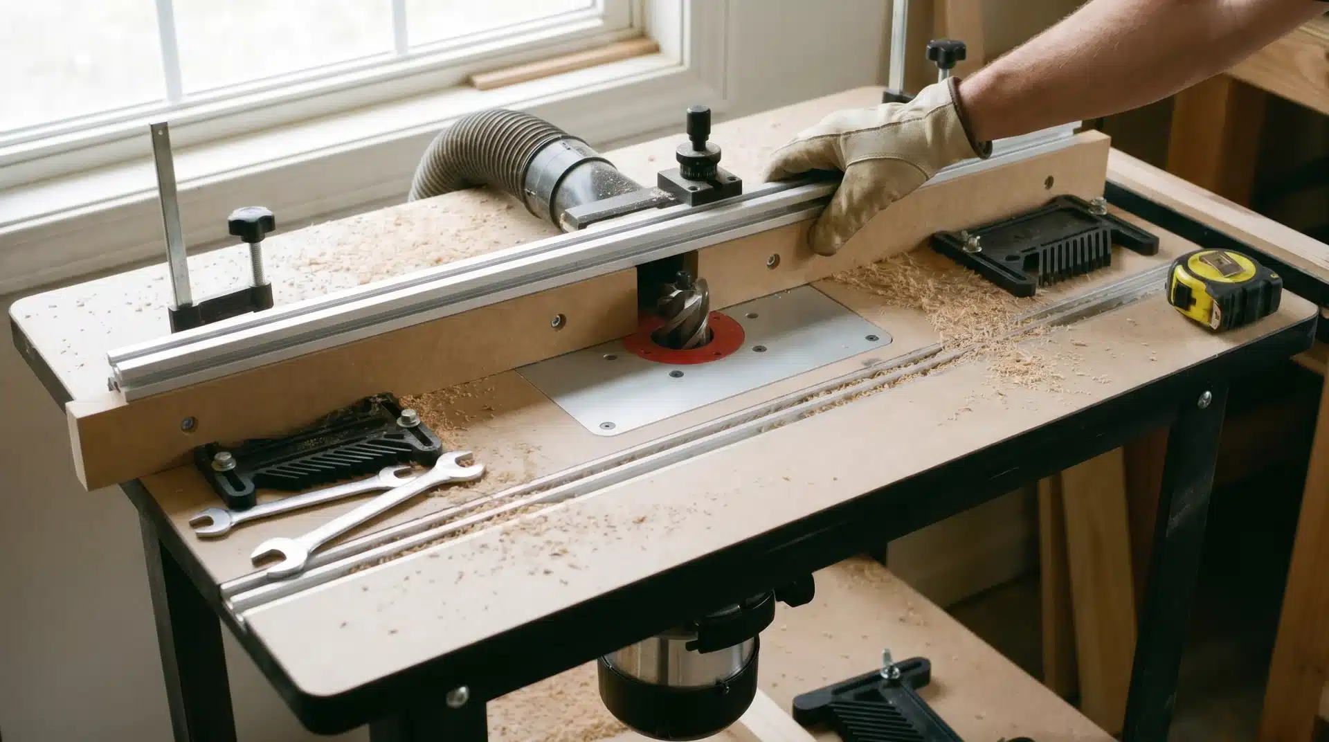 Router bit set to shallow height above table surface with fence being positioned for correct cut alignment in workshop light.