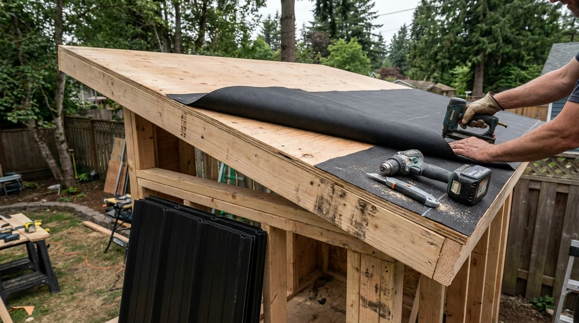 DIY builder installing roofing felt on a sloped outdoor sauna roof before metal panels.