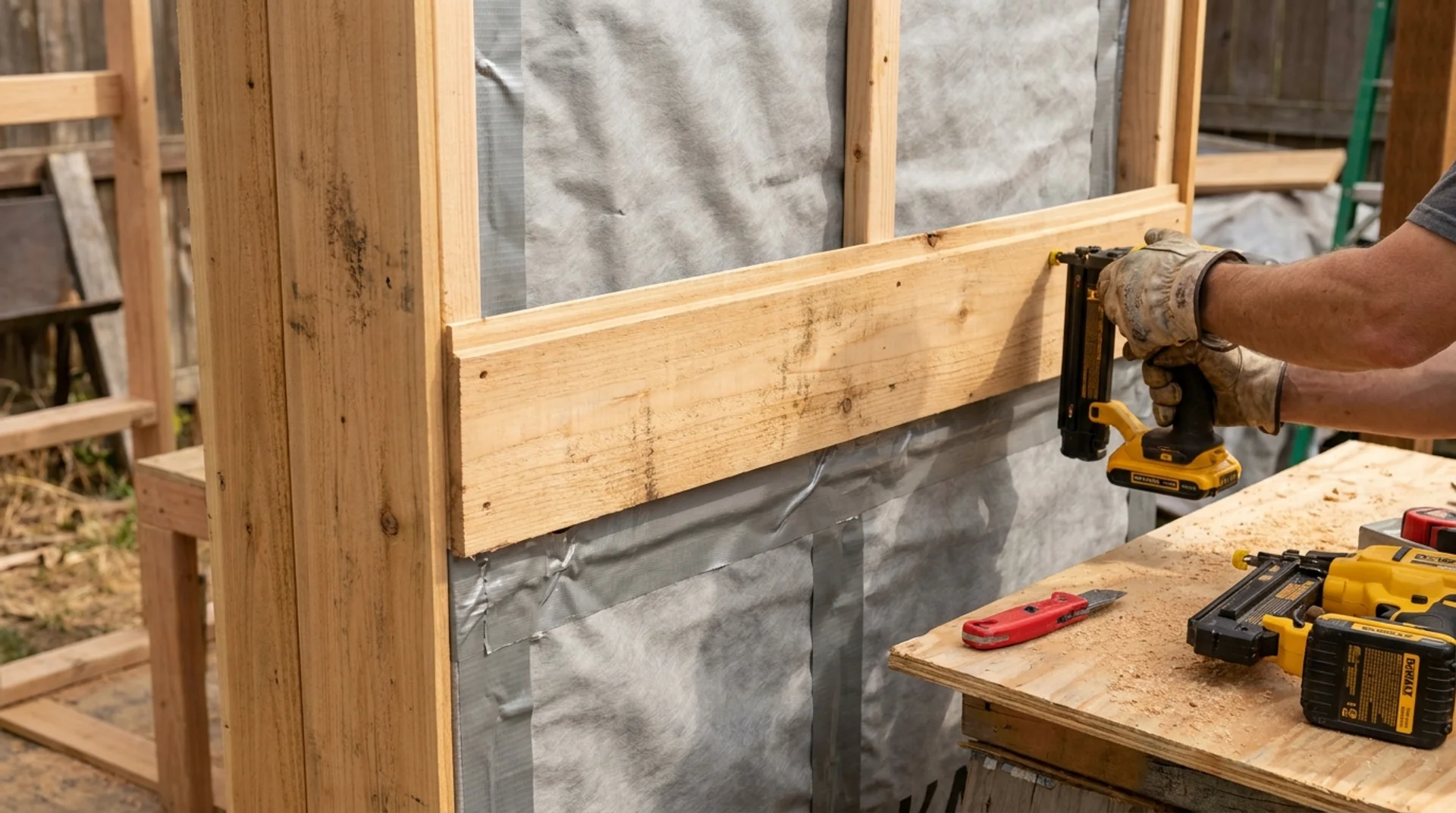 DIY builder attaching exterior cedar cladding over weatherproof barrier on sauna walls.