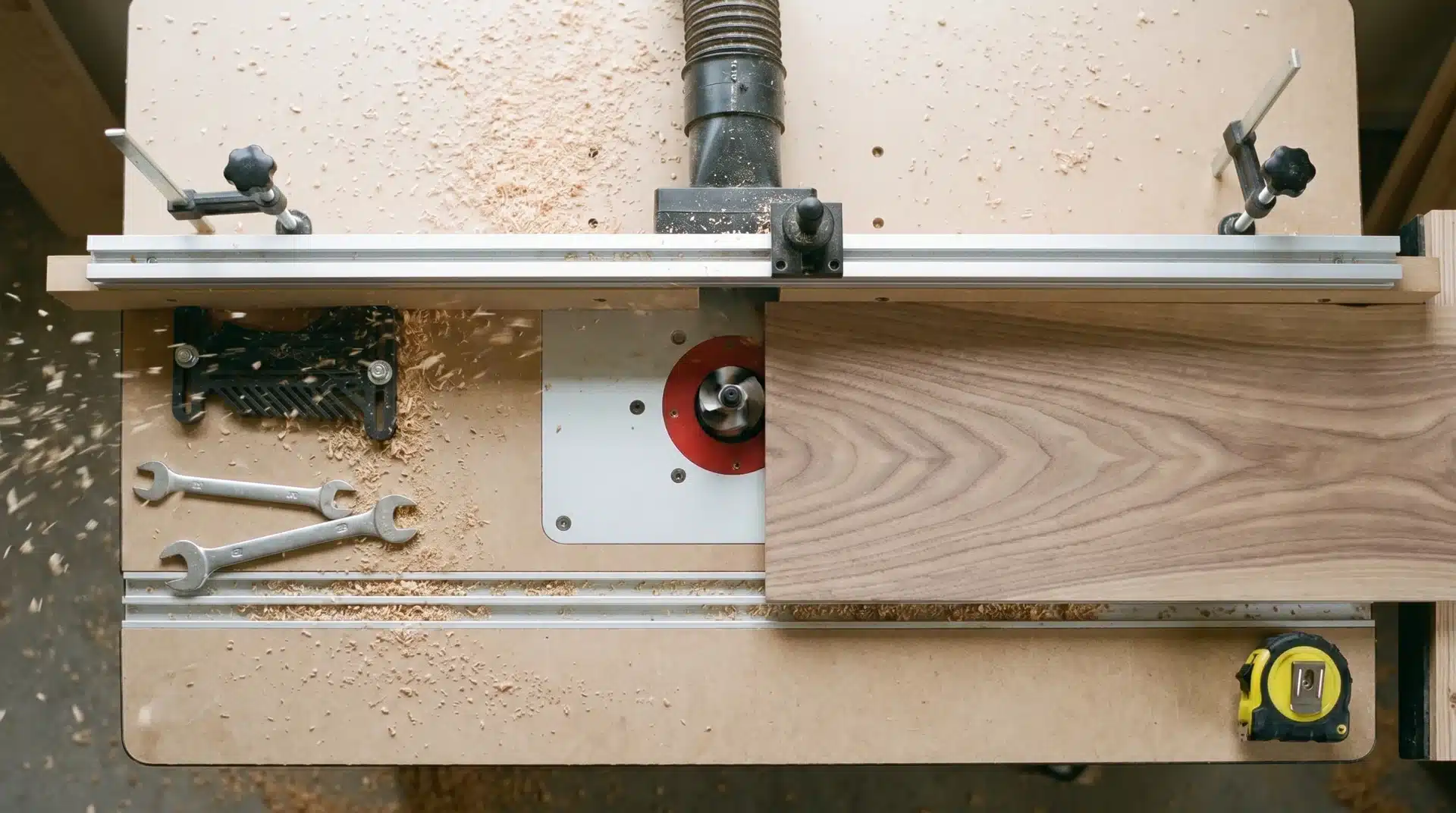 Wooden board being fed right to left across a router table bit showing correct feed direction from above in workshop light.