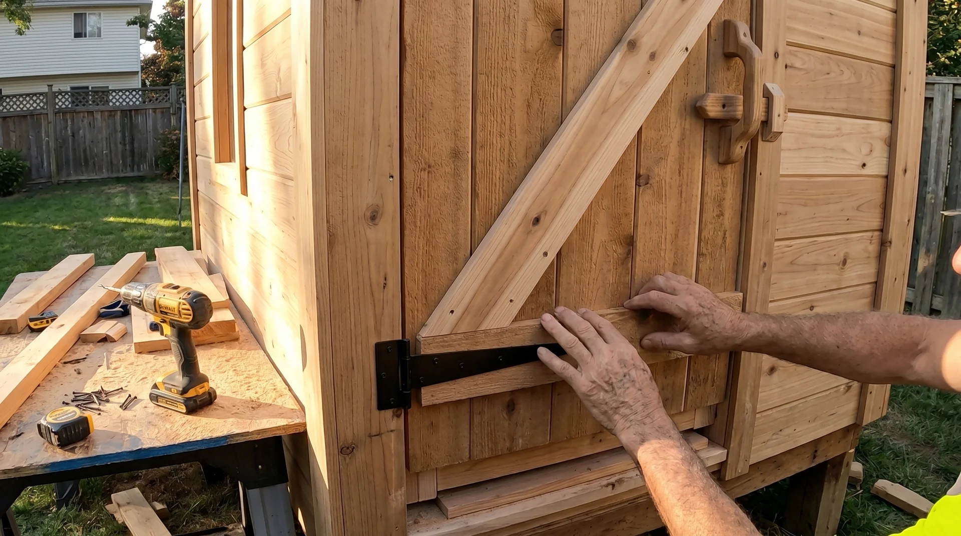 Handmade cedar sauna door with Z-brace and wooden latch being installed outdoors.