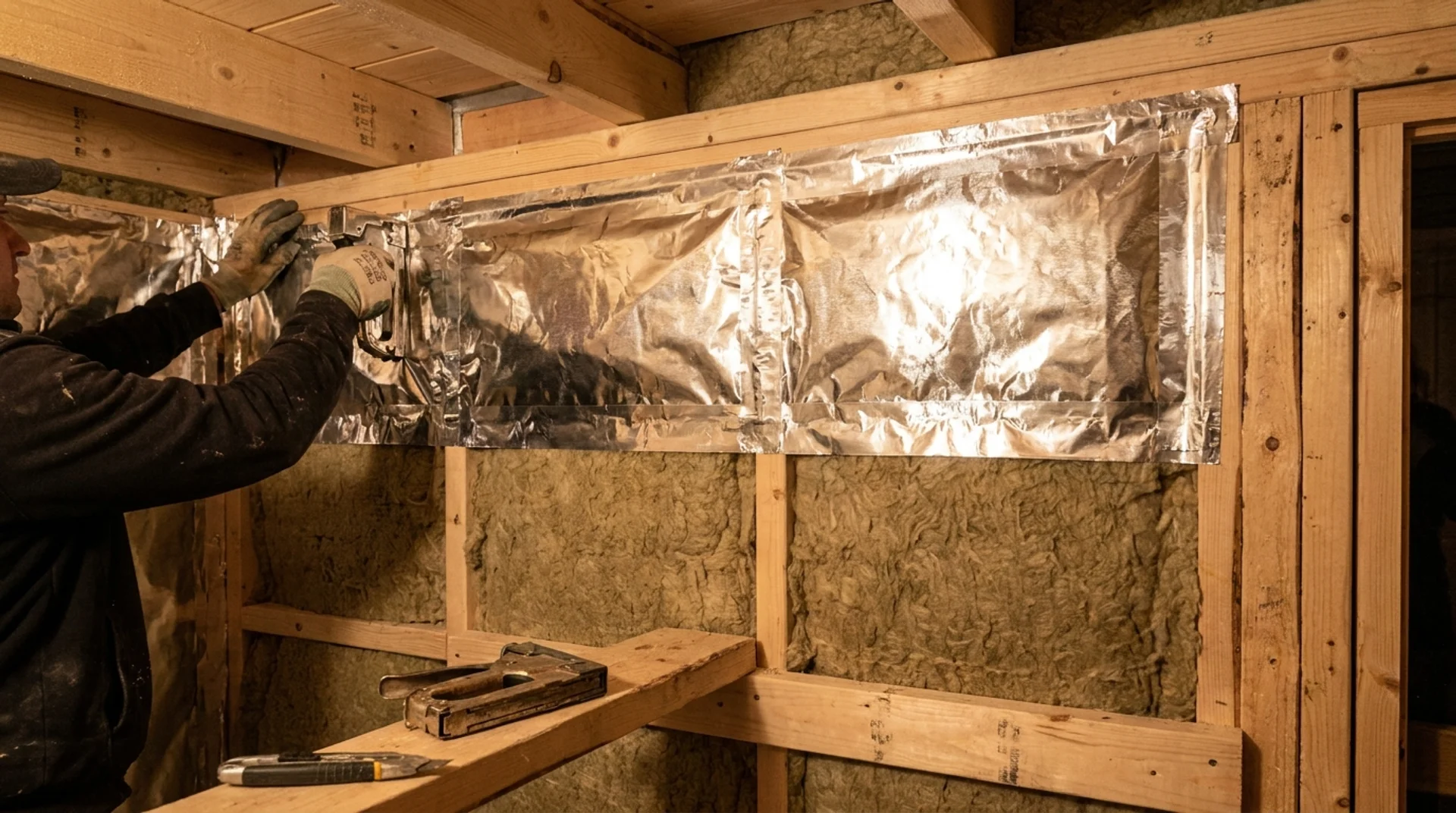 Installing foil vapor barrier over insulated sauna walls inside a DIY cedar sauna build.