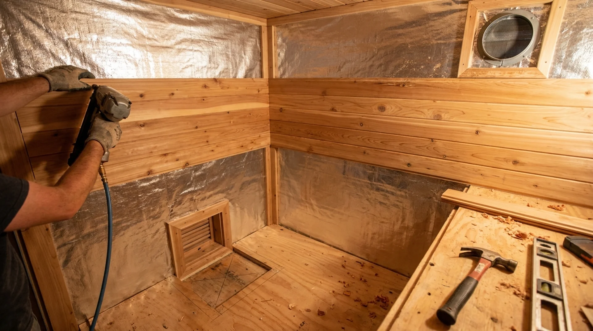 Installing cedar interior cladding and ventilation vents inside a partially finished DIY sauna.